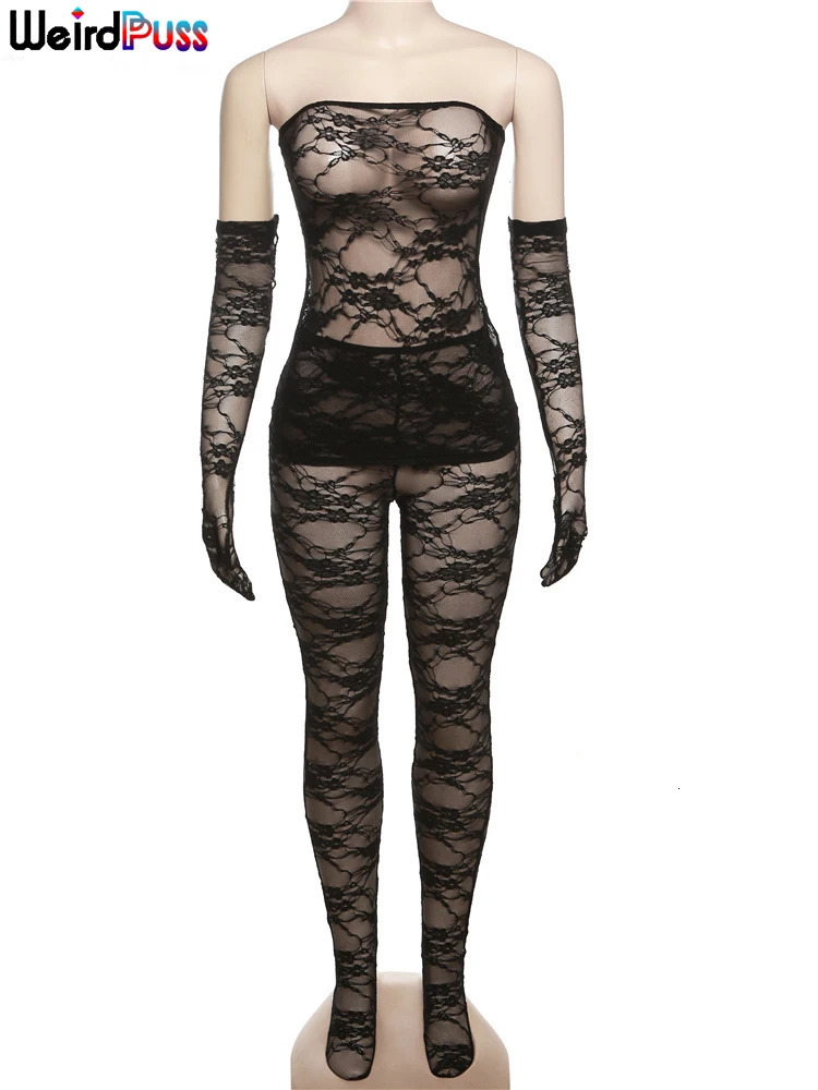 Weird Puss Sexy Lace Women 2Piece Set Tube DressSee Through Stockings Coquette Girls Club Nightout Party Matching Outfits 240401