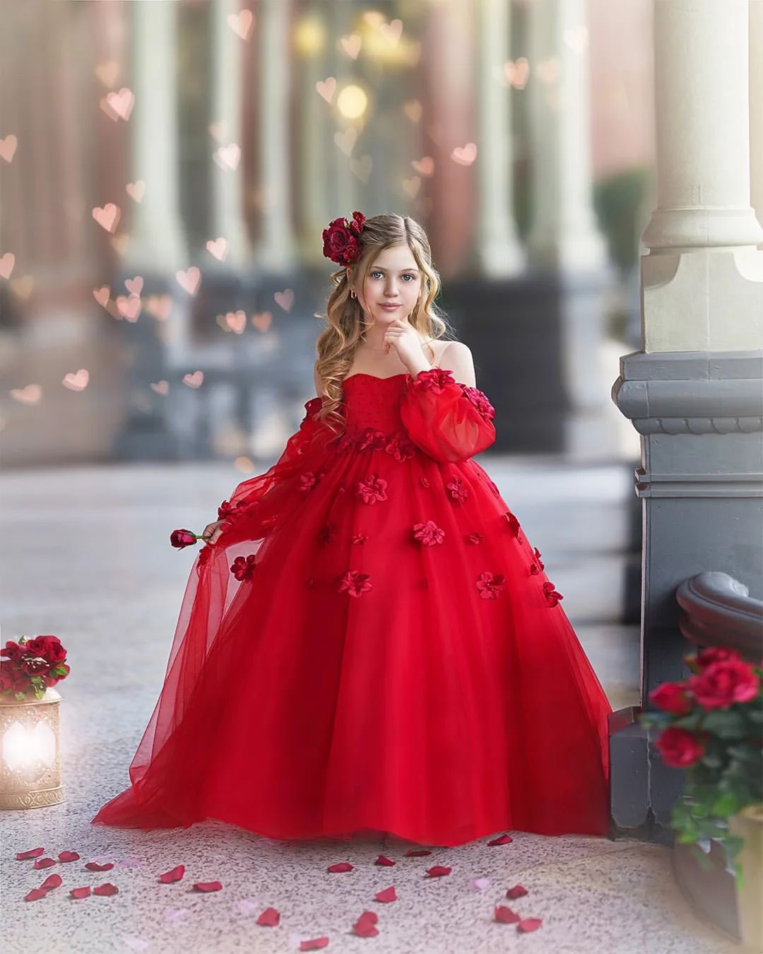 Red Flower Girls Dresses Sheer Jewel Long Sleeves Girl Pageant Gowns Toddler First Communion Dress Floor Length Appliqued Kids Formal Wear 0515