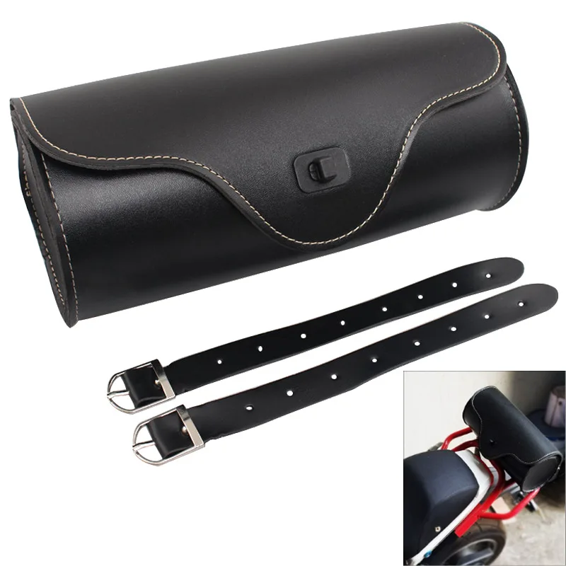 Motorcycle Black PU Roll Barrel Tool Bag Luggage Saddlebag Scooter Offroad Old School Cruiser Bobber Chopper Touring Scooter