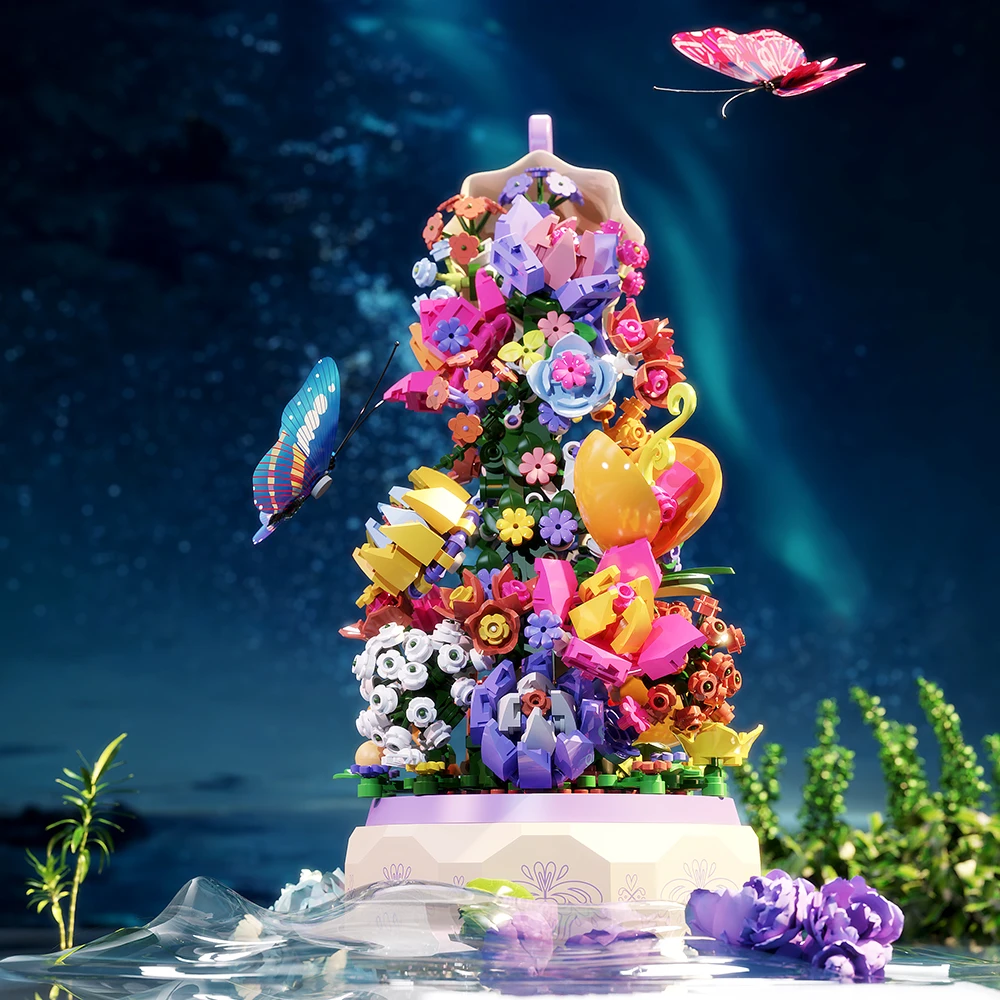 Creativity Newest Blue City Butterfly Music Box Flower Basket Bouquet Model DIY Building Blocks Bricks Toys For ddmysmile Adult Girls Gift Smile