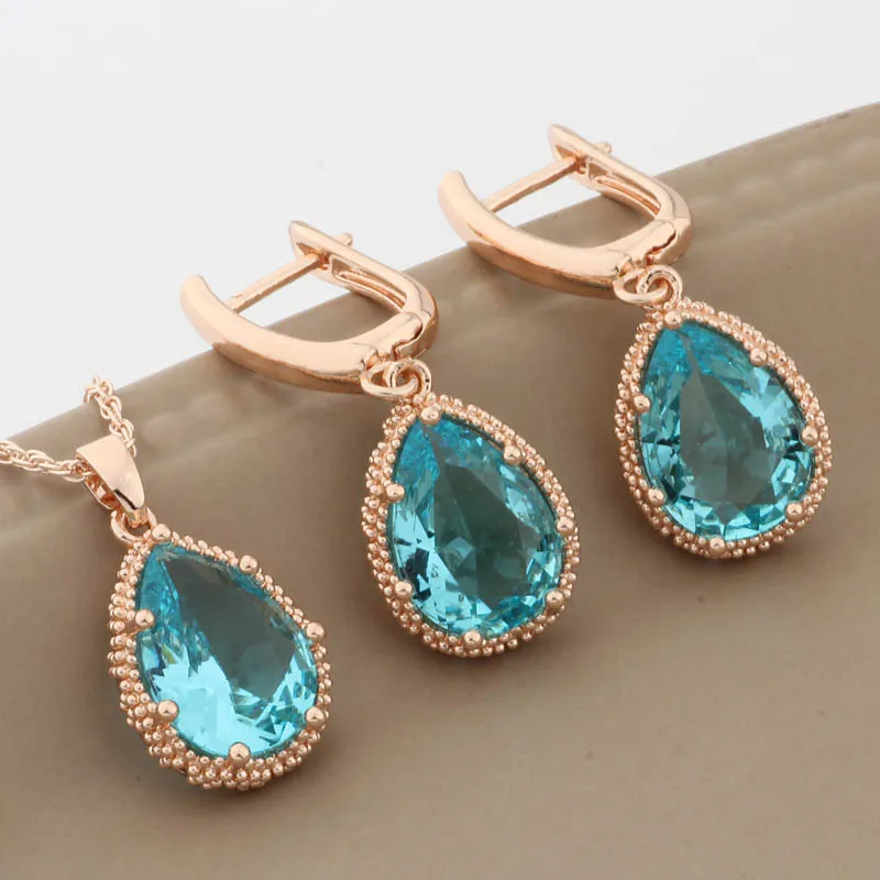 Gold 585 Color Rose Bridal ddmysmile Wedding Jewelry Sets Natural Zirconia Jewelry Set High Quality Dangle Earring Necklace Sets Smile