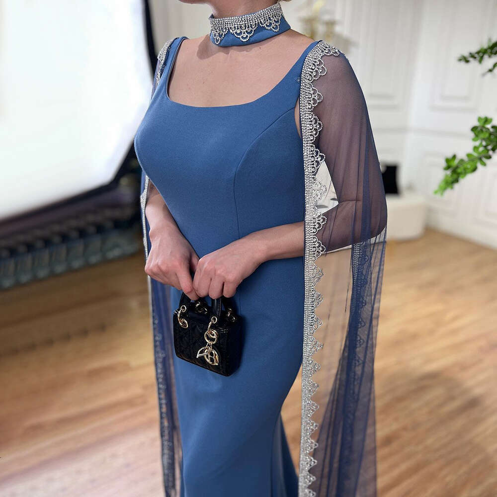 Blue Serene Hill Cape Evening Dresses Gowns Mermaid Beaded La72086 Customized