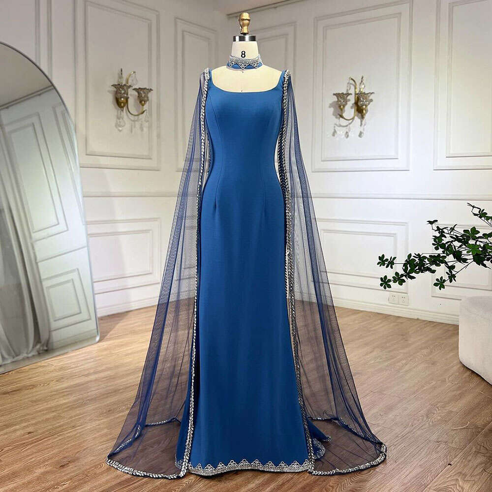 Blue Serene Hill Cape Evening Dresses Gowns Mermaid Beaded La72086 Customized