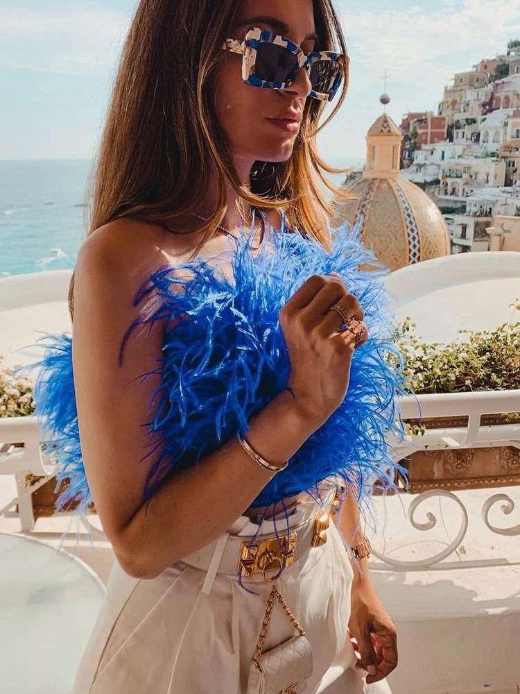 Spring Summer Club Ostrich Feather Elastic Top Bra Women Straples Turkey Bustier Wedding Lady Party Wrap Shirt S8638C 241108