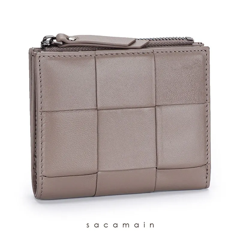 Bifold Soft Leather Sheepskin Wallet Genuine Leather Ladies Zipper Weave Purse Short Women Wallet Designer Dropshipping smile