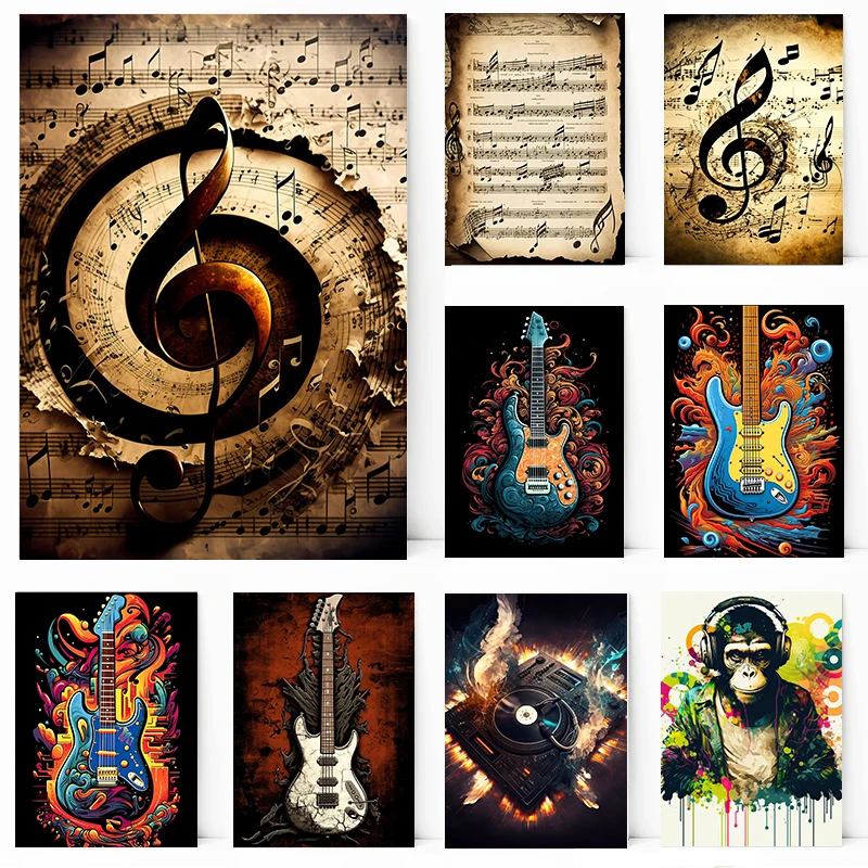 Pop Rock Music Design Poster Sheet Music Hip Hop Monkey Electric Guitar Canvas Painting Modern Wall Art Picture Home Decor