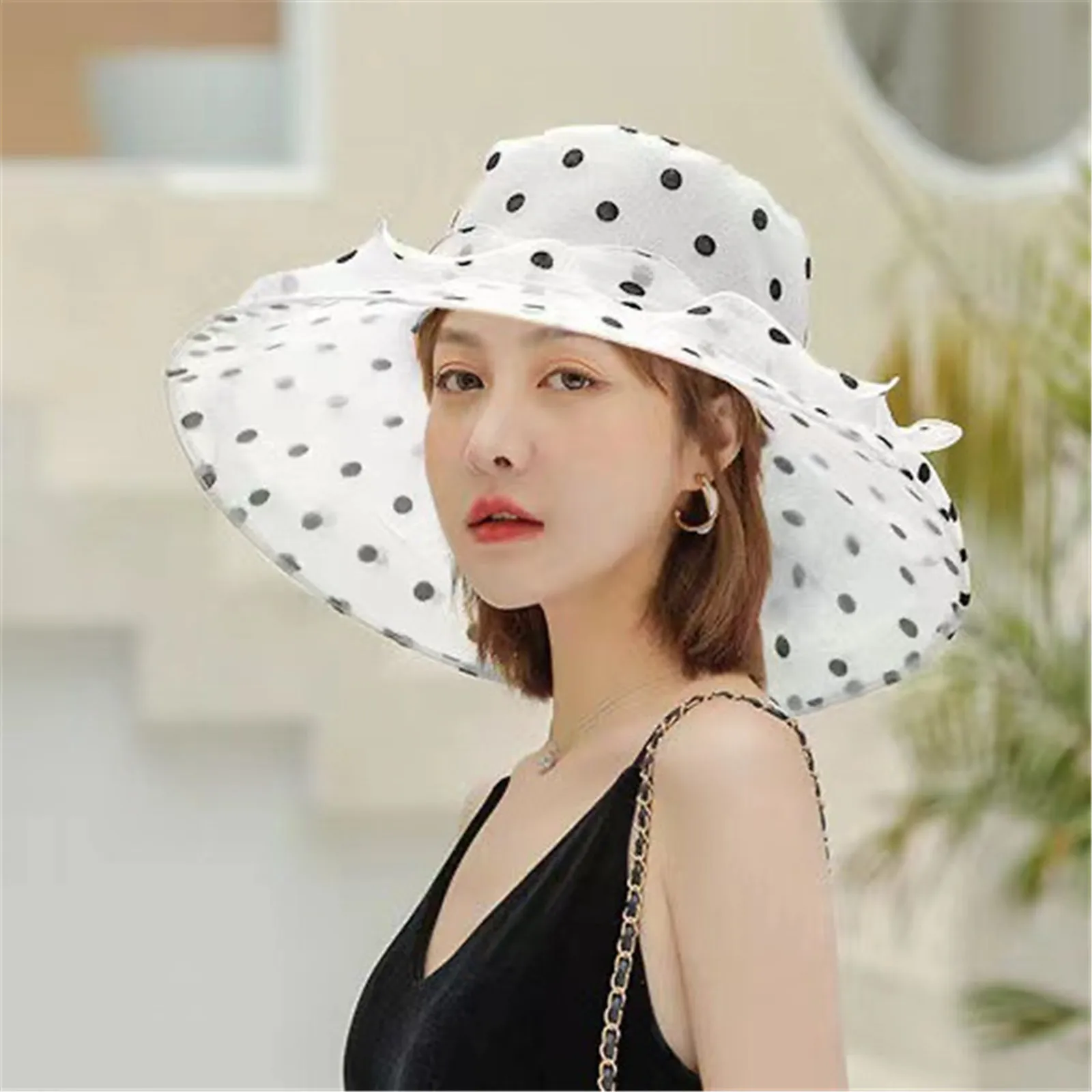 Church Women Summer Organza Wide Brim Bucket Hat Charming Sweet Elegant Dots Sunscreen Sun Hat Lady Wedding Foldable Panama Cap smile