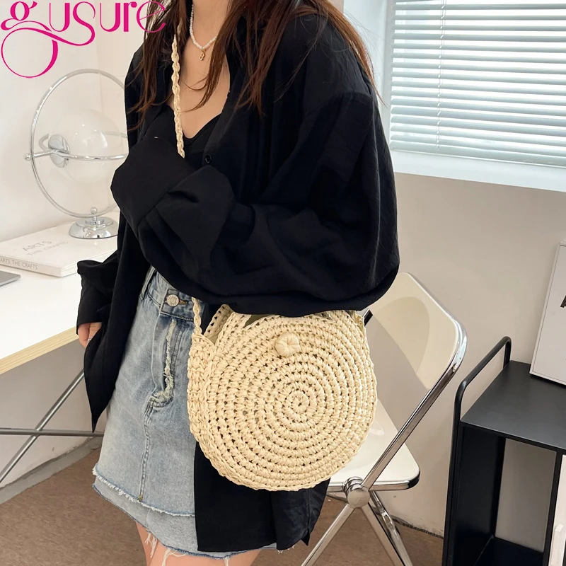 Straw Bags Summer Gusure For Women Handmade Woven Beach Bag Raffia Small Purse and Handbags Ladies Travel Shoulder Crossbody Bag smile