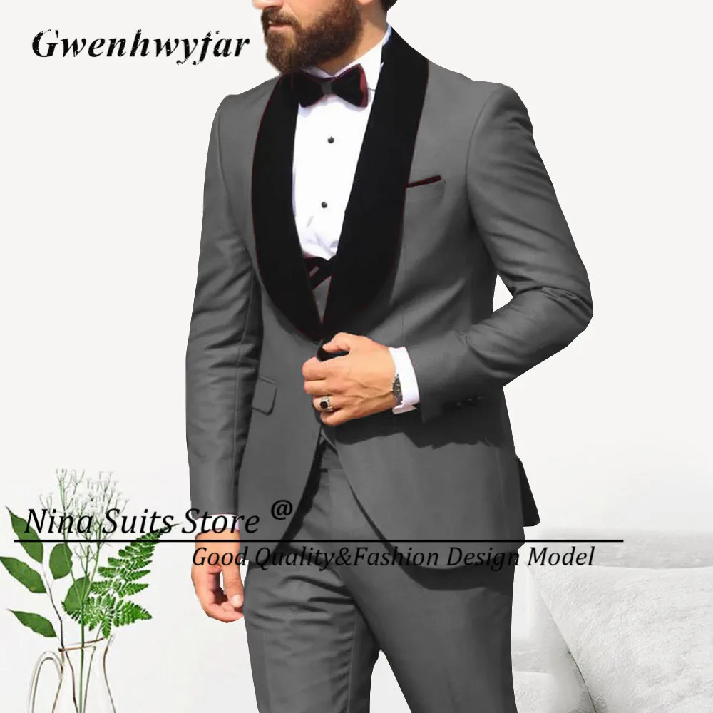 Simple&Classic Men Gwenhwyfar Design Suitsfog Grey Blazer Black Sude Lapel Slim Fit Costume ddmysmile Homme Wedding Party Groom Tuxedo Smile