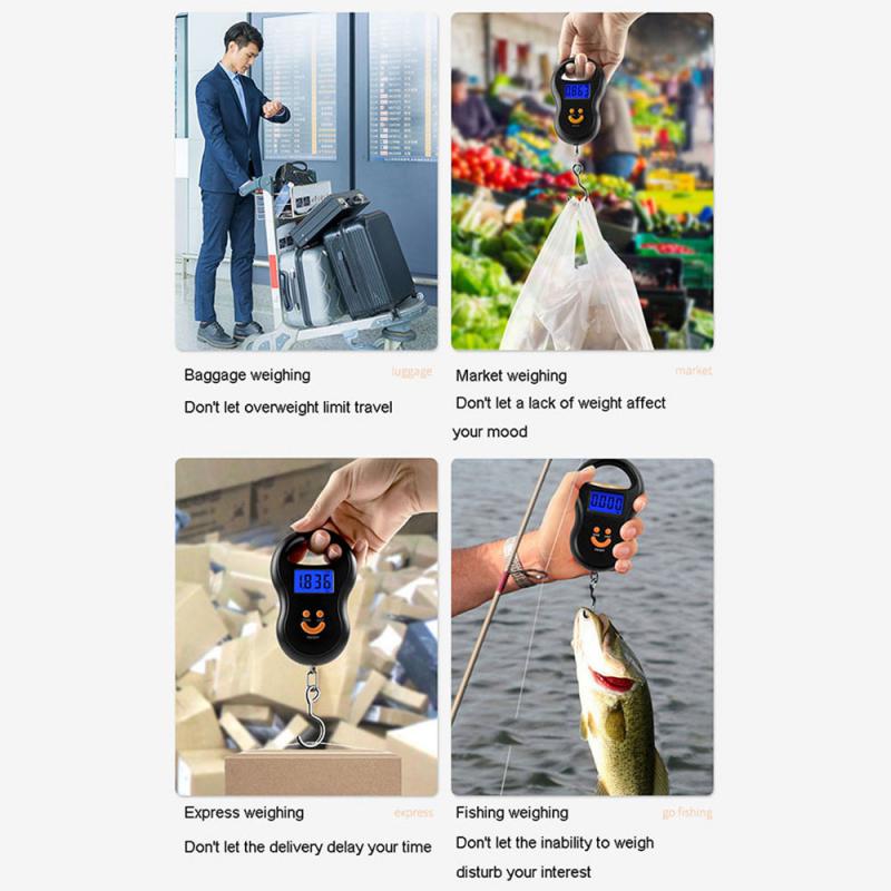 10g 1~7PCS 50Kg Portable Hanging Scale Digital Scale BackLight Electronic Fishing Weights Pocket Scale Lage Scales Black smile