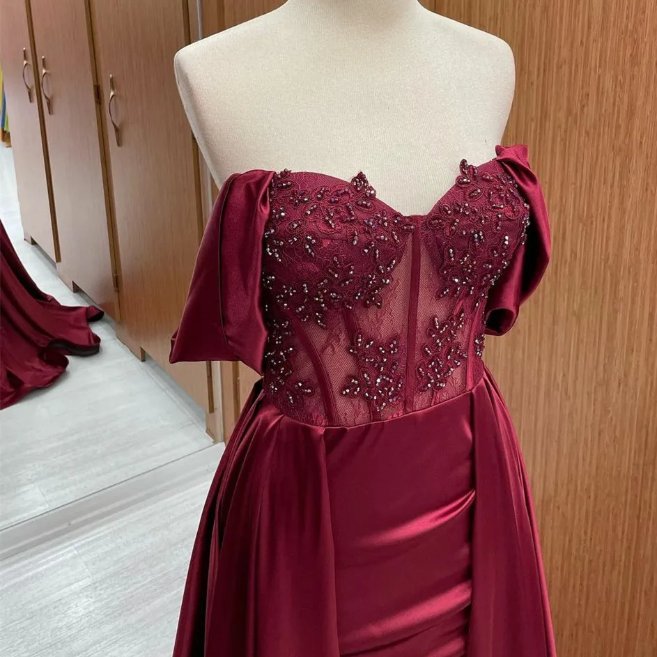 Long Mermaid Evening Dresses 2025 Pleats Satin Elegant Bury Vestido Longo Off The Shoulder Sweetheart Lace Beads Prom new Party Gowns