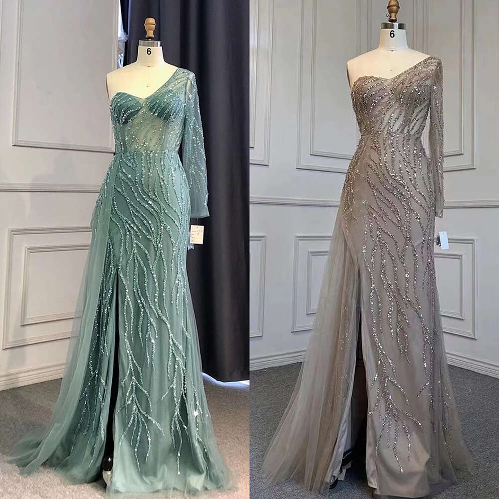 Turquoise Serene Hill Mermaid Split Evening Dresses Gowns Sexy One-Shoulder Beaded Overskirt For Party La71520 Customized