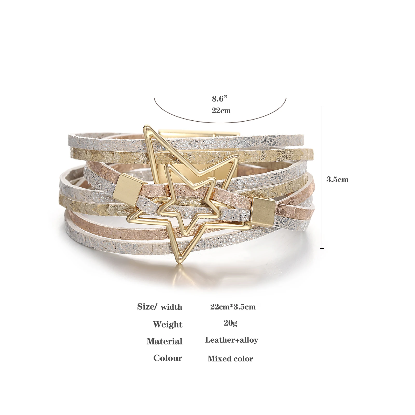 Metal Double Five-pointed Amorcome Star Charm Bracelets for Women Boho Stars Printed Leather Multilayer Wrap Bracelet Jewelry smile