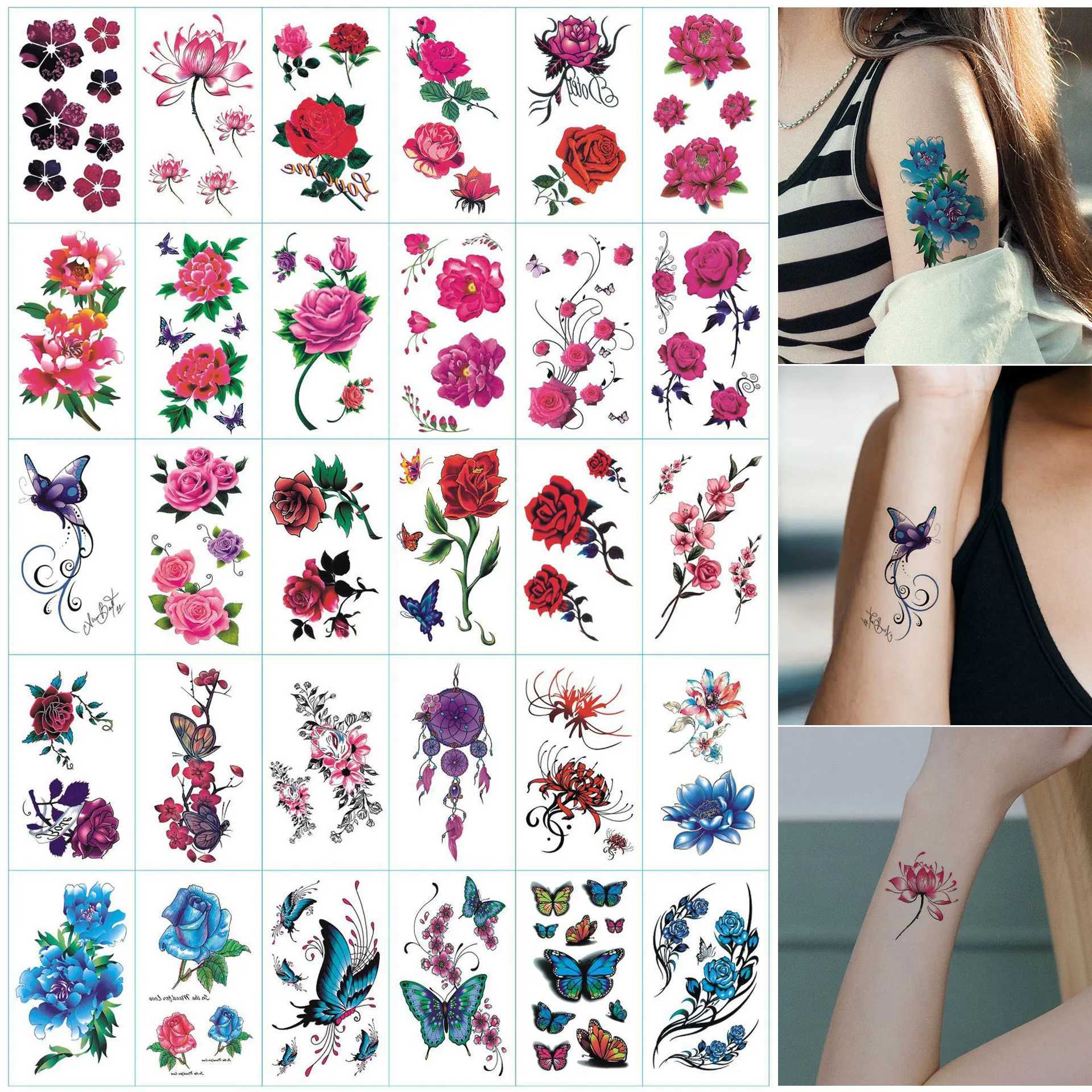 30 tattoo stickers temporary tattoos of flowers and butterflies waterproof and sweat resistant for 3-7 days W250410