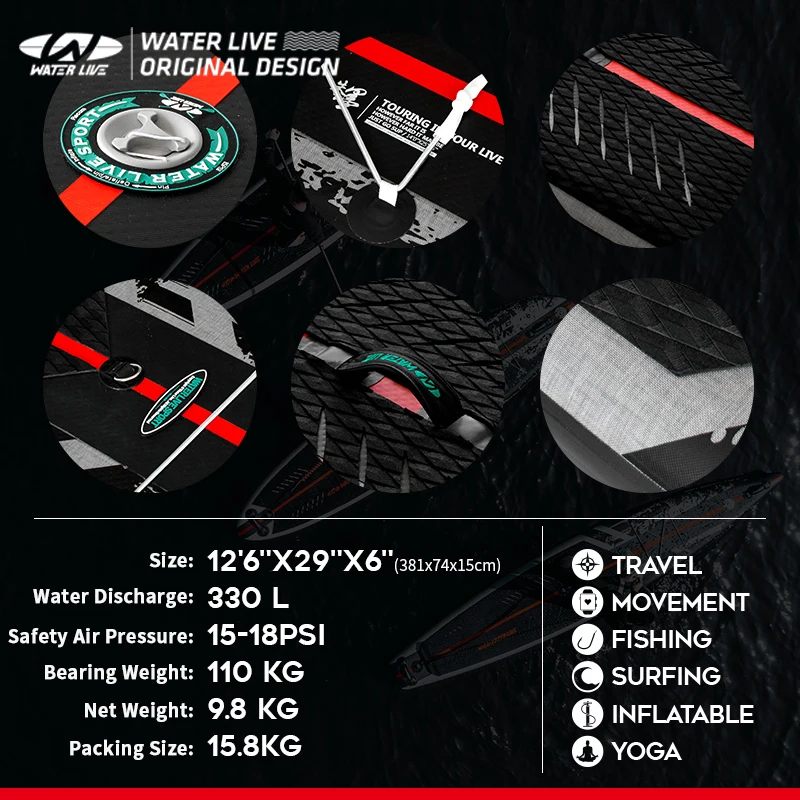 Iatable WATERLIVE ZHUMO 12'6"x29"x6" Travel Surfboard Professional Water Cruise Paddle Board Suitable For Long Travel 9.8kg smile 
