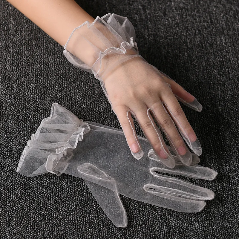 1 new Pairs Transparent Gauze Full Finger Gloves 2025 Ultra Thin Stretchy Short Tulle Gloves Wedding Elastic Lotus Leaf Sheer Mittens