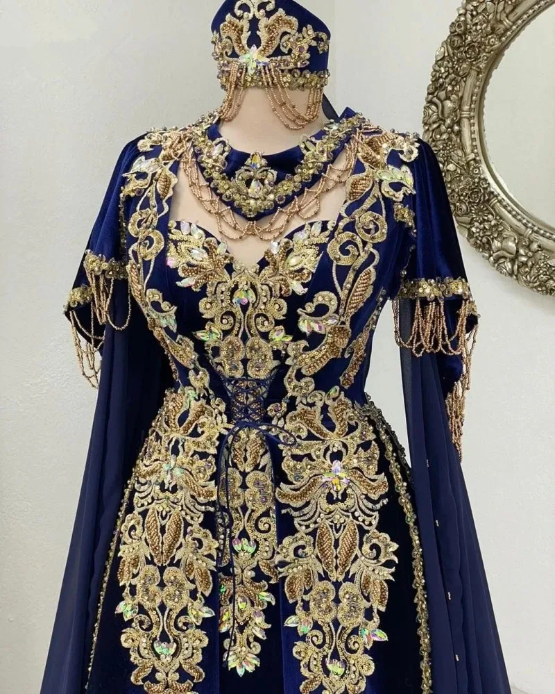 Navy Blue Middle East Evening Formal Dresses With Cape Long Sleeve Gold Applique Lace Marrocan Caftan Prom Ocn Dress Lz0304
