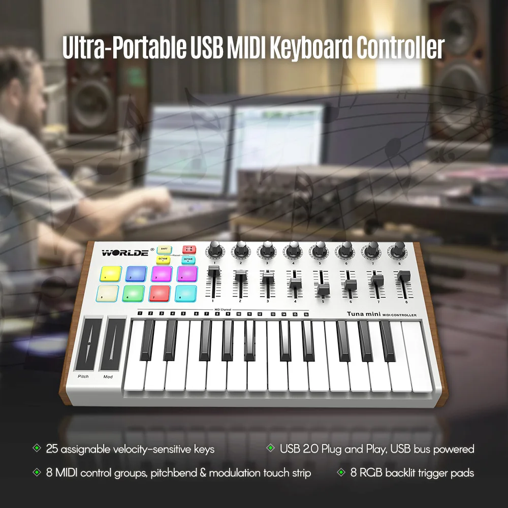 WORLDE MIDI Controller New Ultra-Portable 25-Key Musical Keyboard Synthesizer Piano Keyboards Two Types of Support Midi Keyboard