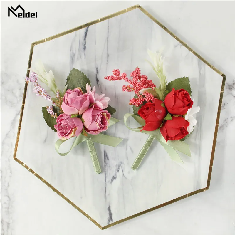 Silk Roses Groom Boutonniere Flowers Wedding Bridesmaids Wristbands Prom Party Man Suit Buttonhole Decor Sister Wrist Bracelets smile