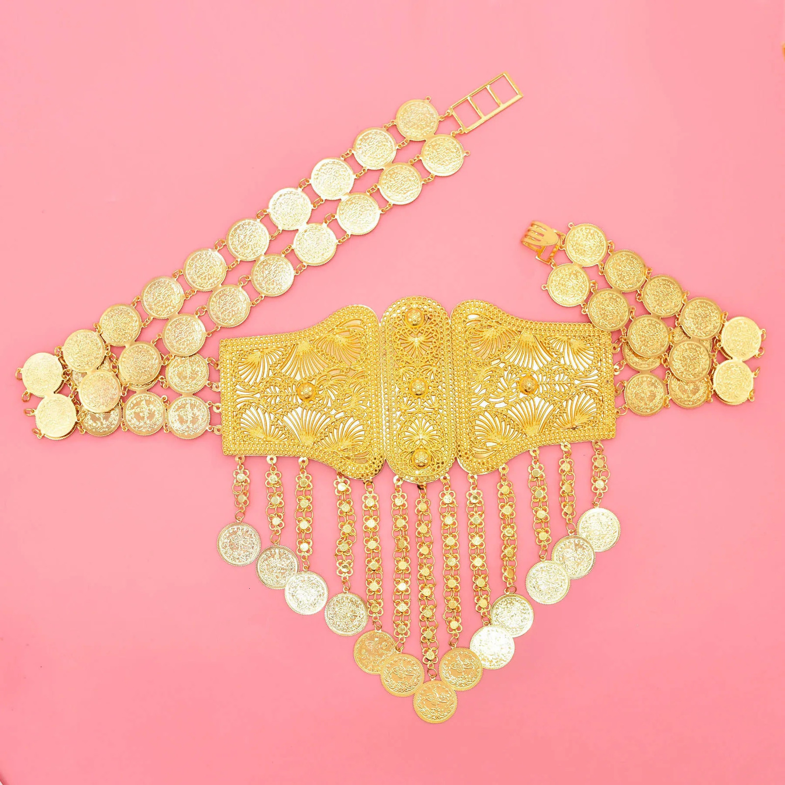 Indian Arab metal waist chain large French coin belt carved floral belly chain Algerian traditional holiday party jewelry 241108