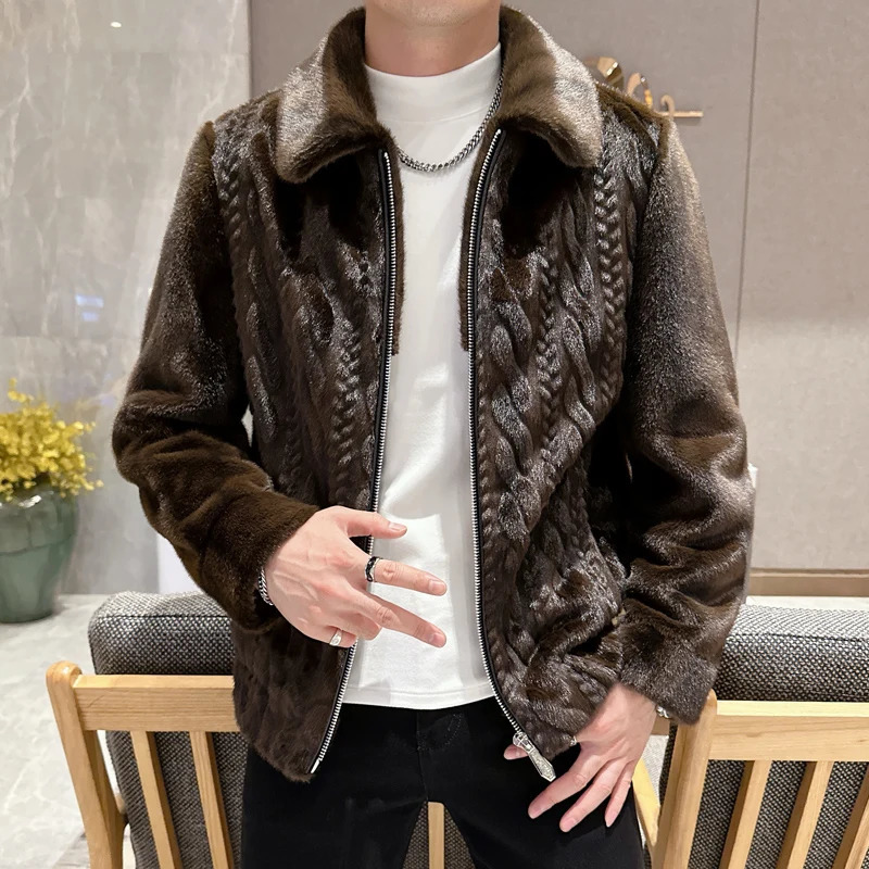 Winter high-quality mink coat mens fashionable polo collar thick leather coat casual plus size solid color coat 241108