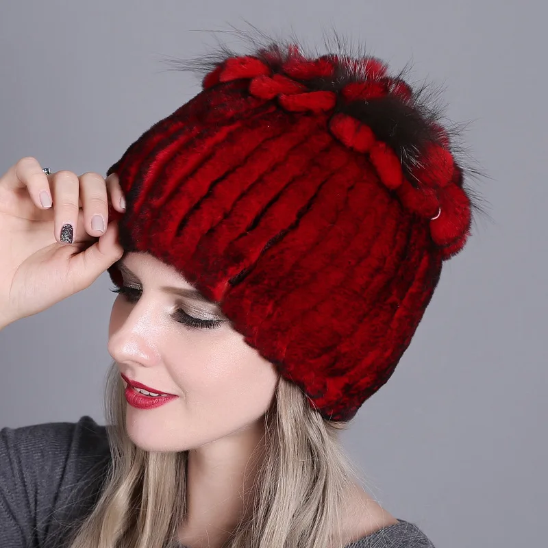 Knitting Rex Rabbit Fur Women's Fur Hat Is Warm And Thickened. It Is Warm In Autumn And Winter. Women's Colorful ddmysmile Knitting Hat Smil
