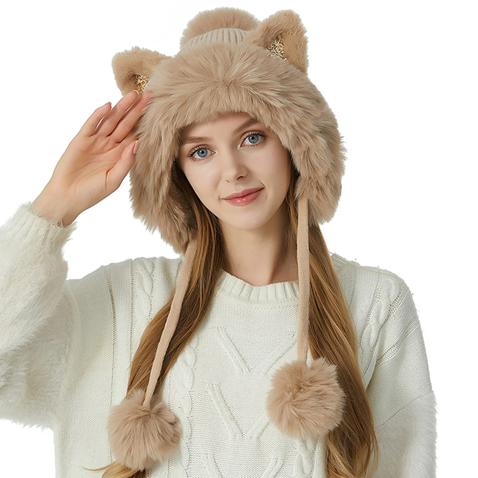 Thicken Elegant Girls Ski Snow Cap Cat Ear Cute Pompoms Winter Women Beanie Hats Female Skullies Warm Knit Hat Soft Outdoor Cap smile