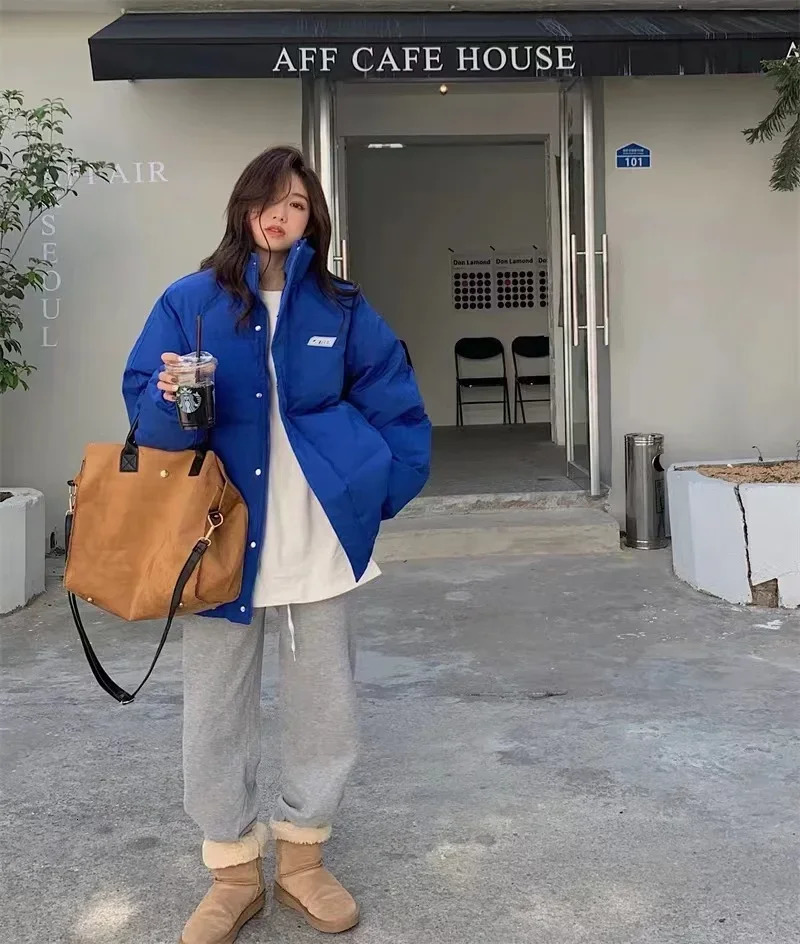 Winter Down Cotton Jacket Womens Solid Loose Apron Jacket Puffer Parkas Casual Womens Black Zipper Thickened Warm Jacket 241108