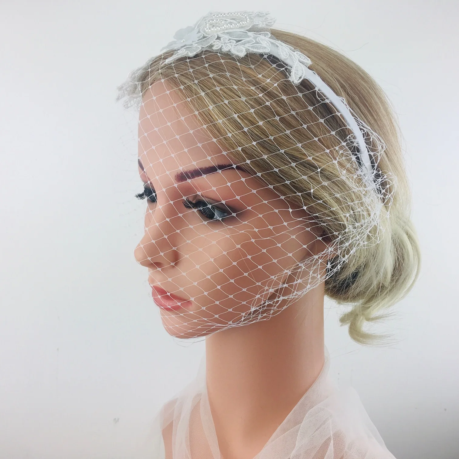 Face Drill White Applique Mask For Bride Headwear Net Birdcage Veils Elegant Pearl Flower Wedding ddmysmile Hair Accessories Hairband Smile