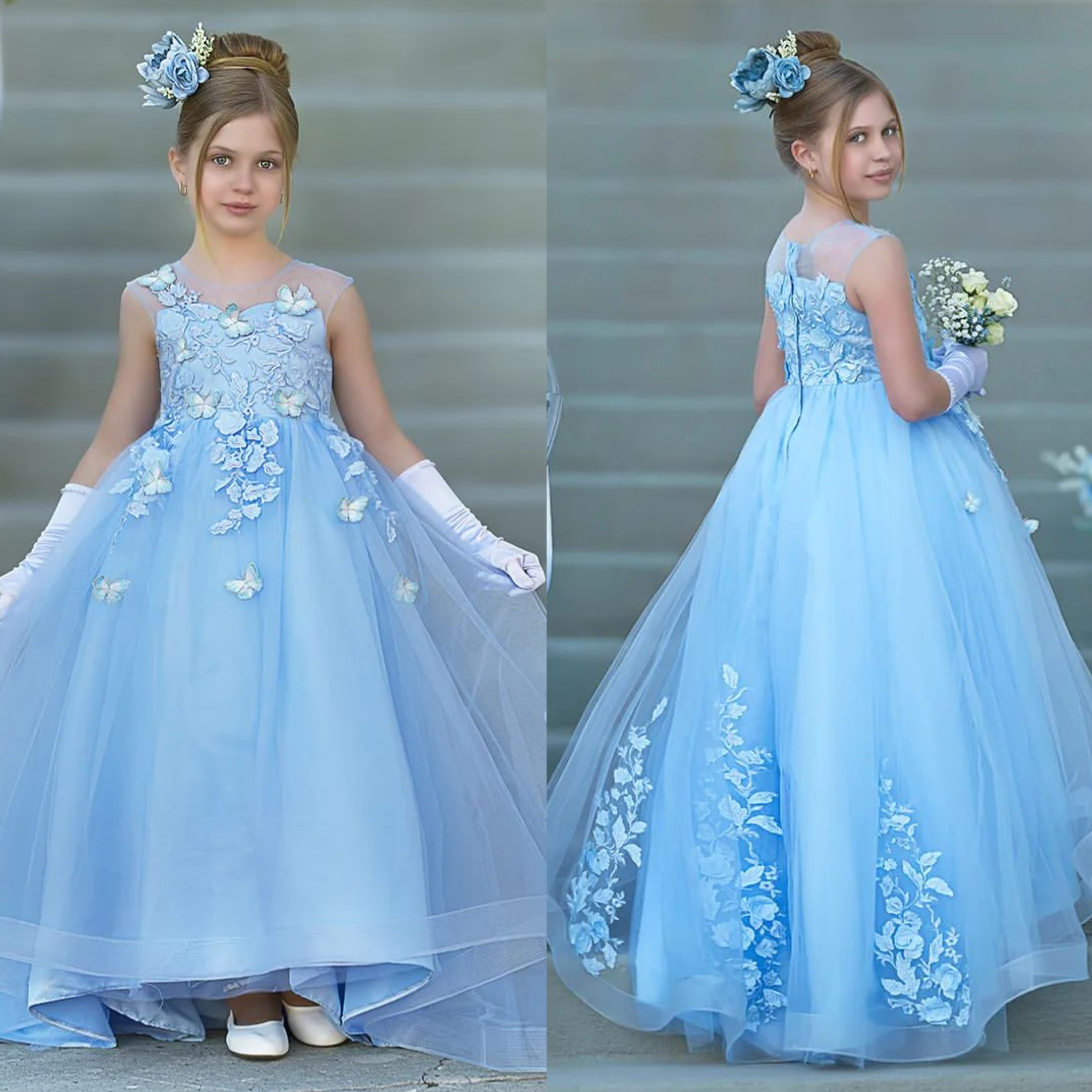 Baby Blue Flower Girls Dresses Butterflies Appliques Girl Pageant Gowns Toddler First Communion Dress Floor Length Kids Formal Wear 0616