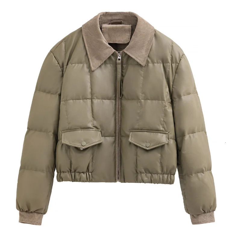 Womens down jacket vintage collar jacket brown PU leather shorts Korean loose winter jacket womens clothing 241108