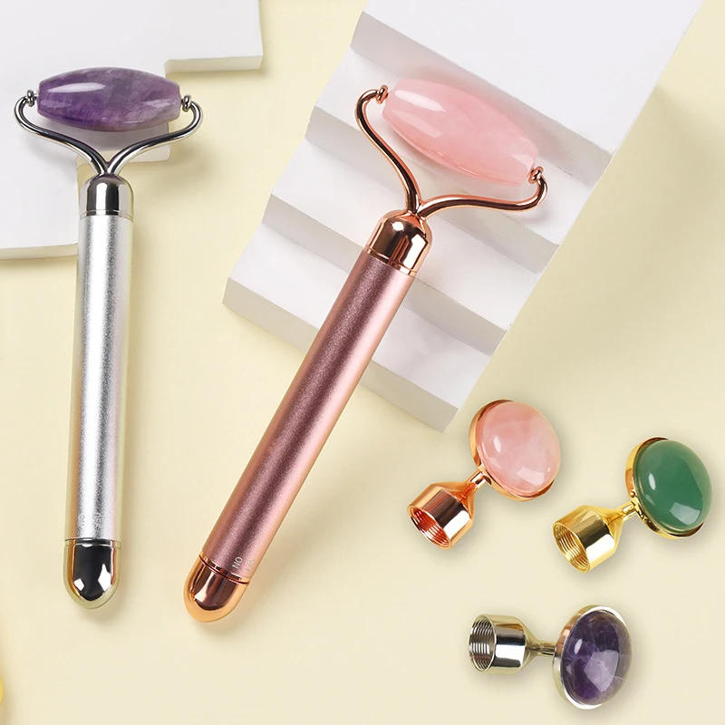 2 in 1 Electric Vibrating Natural Rose Quartz Jade Roller Face Lifting Crystal Jade Stone Facial Roller Beauty Massage Tool