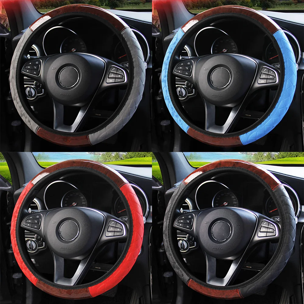 Steering PU ddmysmile Covers Leather Interior Accessories Car Steering Wheel Cover Wooden Pattern Smile