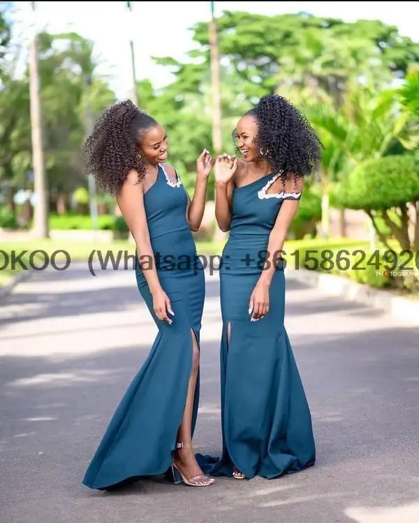 Plus Size One African Shoulder Mermaid Bridesmaid Dresses Side Split Sweep Train White Appliques Garden Wedding Guest Gowns smile