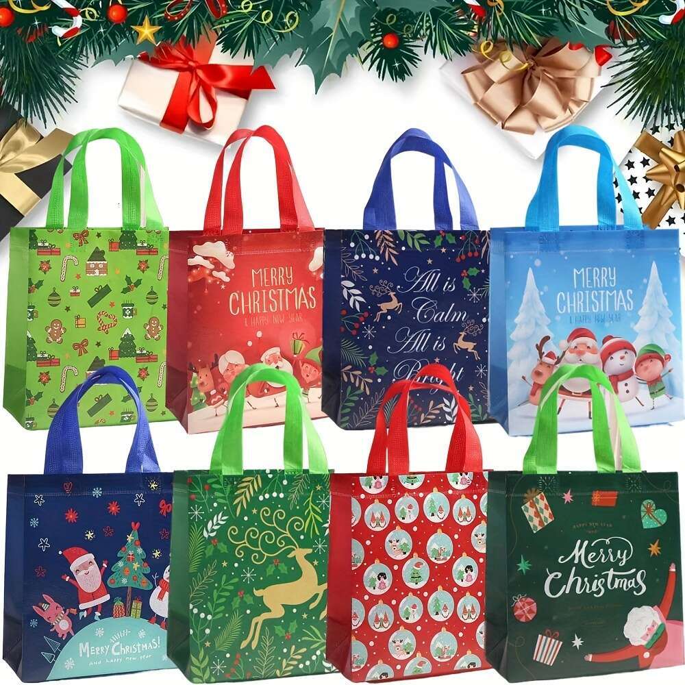 Christmas Gift Bag Set - 32/16/8pcs, Festive Non-Woven Tote Bags with Holiday Prints Party Favors, Candy & Presents, Perfect for Christmas Celebration