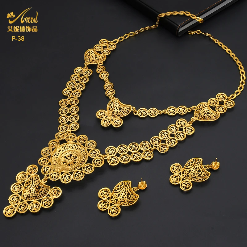 Gold ANIID Dubai Plated Jewelry Sets Wedding African 2PCS Necklace Earrings Set For Women Nigerian Indian Bridal Party Gifts smile