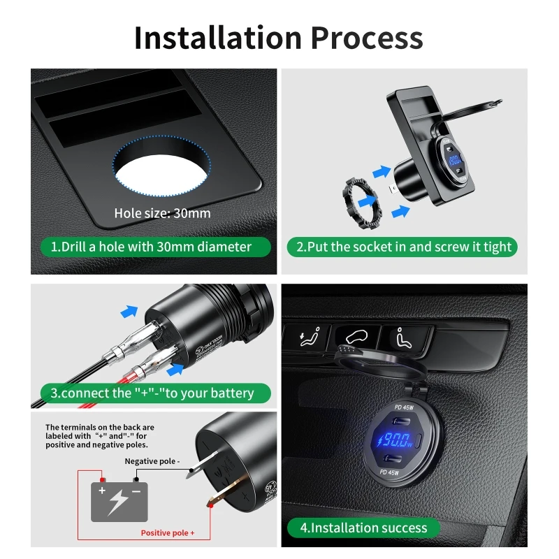 Dual 45W Metal USB C Type C PD Fast Car Charger with Voltage/Power Display for SUV Motorcycle Truck Boat Bus RV ATV smile