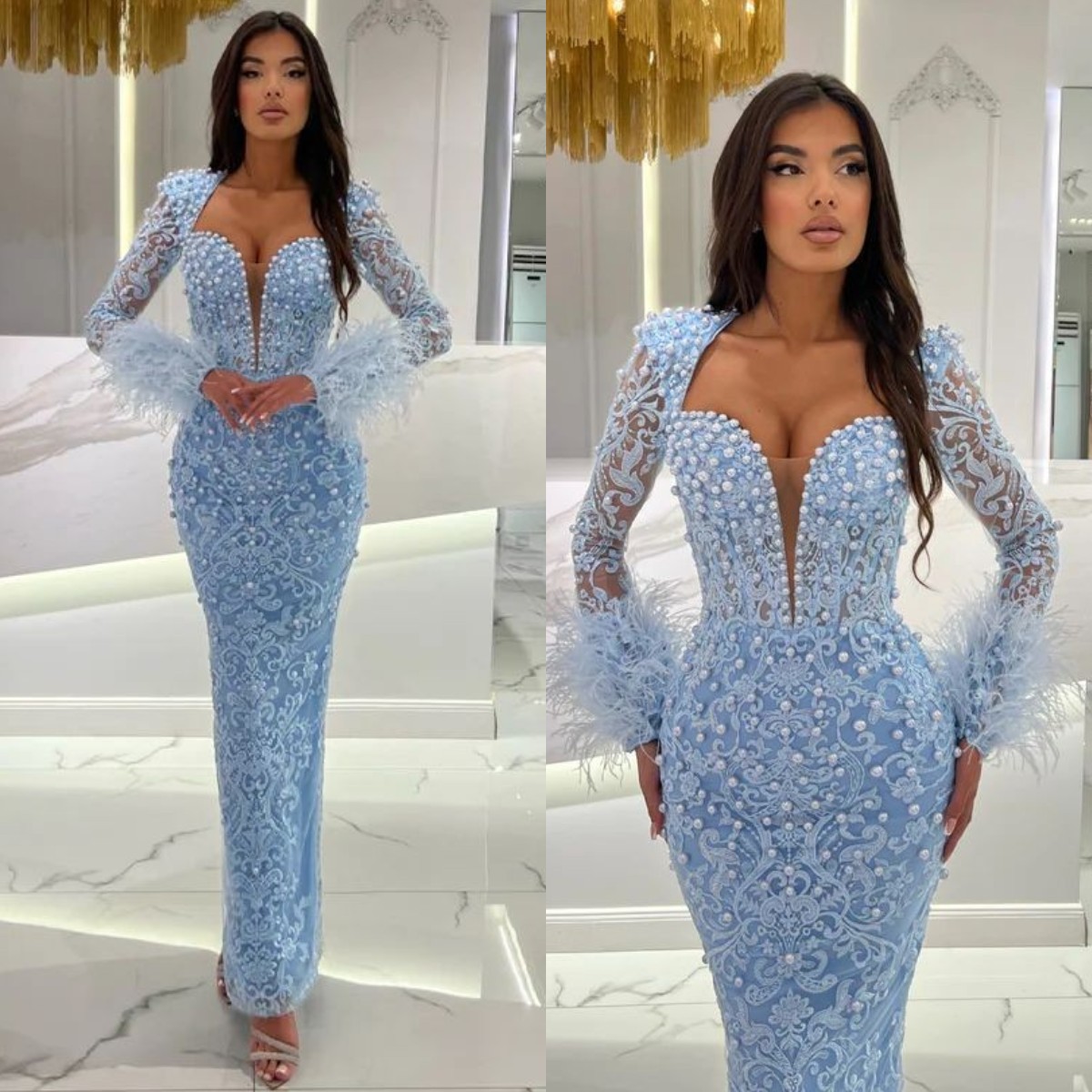 Gorgeous Lace Blue Mermaid Evening Elegant Long Sleeves Pearls Prom Dress Feathers Cuff Formal Dresses For Women 0906