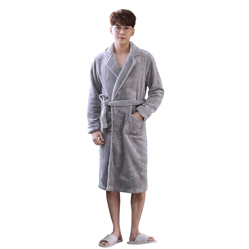 Flannel Kimono Robe Gown Lapel Men Sleepwear With Belt Winter Warm Lingerie Oversized Nightwear Long Sleeve Home Dressing Gown
