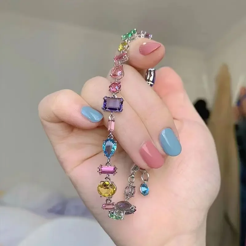 Stone Beaded Colored ddmysmile Irregular Rainbow Crushed Stone Necklace For Girlfriend Bling Beauty Aesthetic Romantic Trendy New Arrival Smile