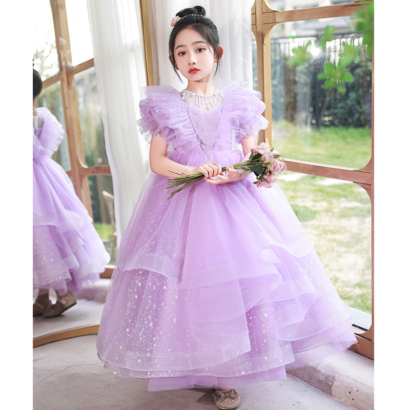 purple Princess Flower Girls Dresses for Weddings sequined Kids Formal Wear Beads Long Pageant Dress First Communion Dress little Girls Tulle Toddler 