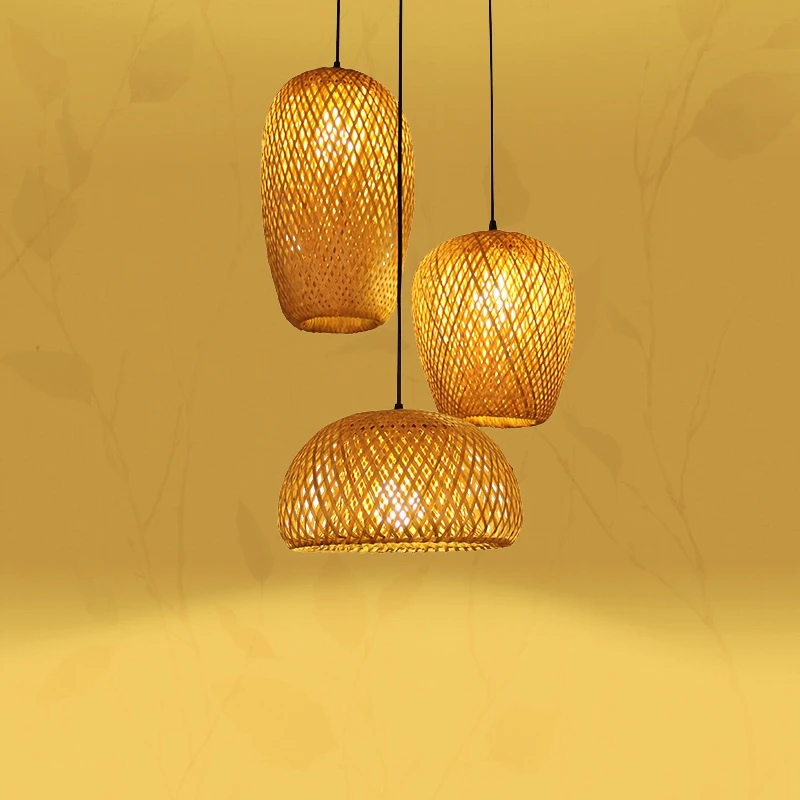 Bamboo Lantern Pendant Lamp Retro Restaurant Hanging Light Hand-Woven Lampshades E27 Lighting Fixtures Wooden Chandeliers Room smile