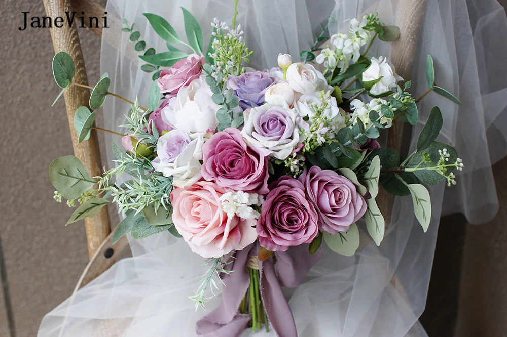 Eucalyptus JaneVini Roses Romantic Pink Purple Artificial Flowers Bouquet for Bride Europe Style Wedding Bouquets Buque De Noiva smile