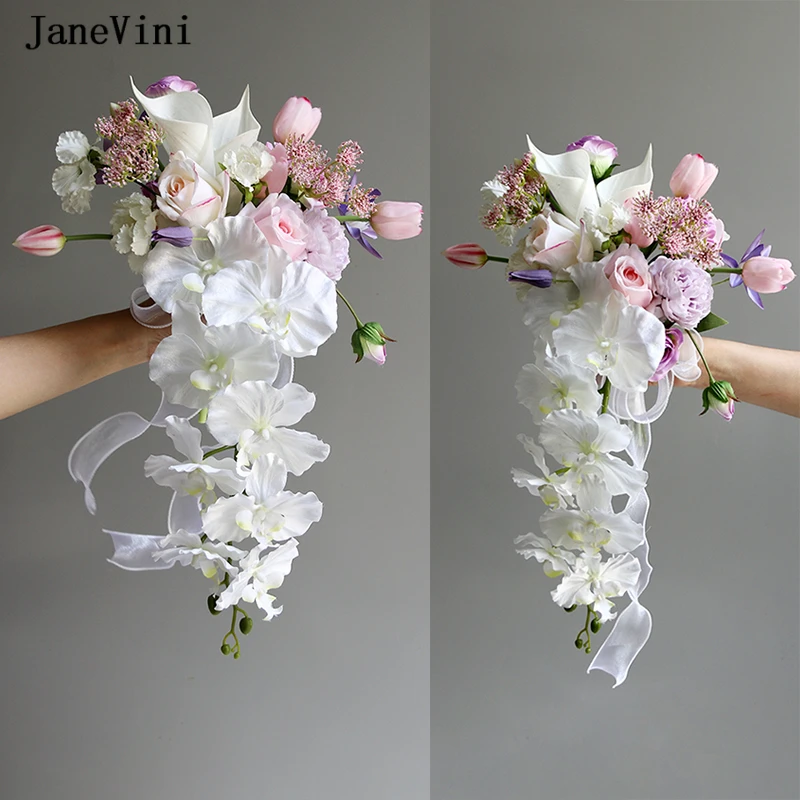 Korean JaneVini Waterfall Romantic Bridal Bouquets Pink Purple Silk Roses Cascading Artificial Flowers for Wedding Decorations smile