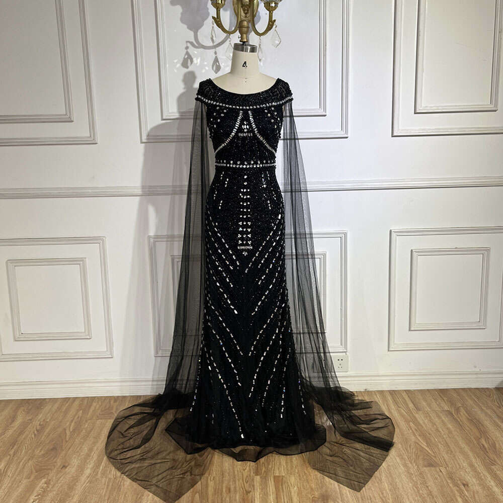 Arabic Serene Hill Black Mermaid Gown With Cape Sleeves And Beaded Evening Dresses For Party LA Customized