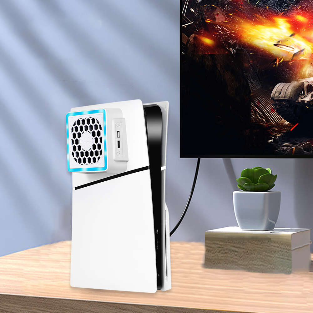 Cooling Fan with LED Light 2 USB Ports Game Console Side Cooler Side-mounted Fan Console Cooler Fan for PS5 SLIM