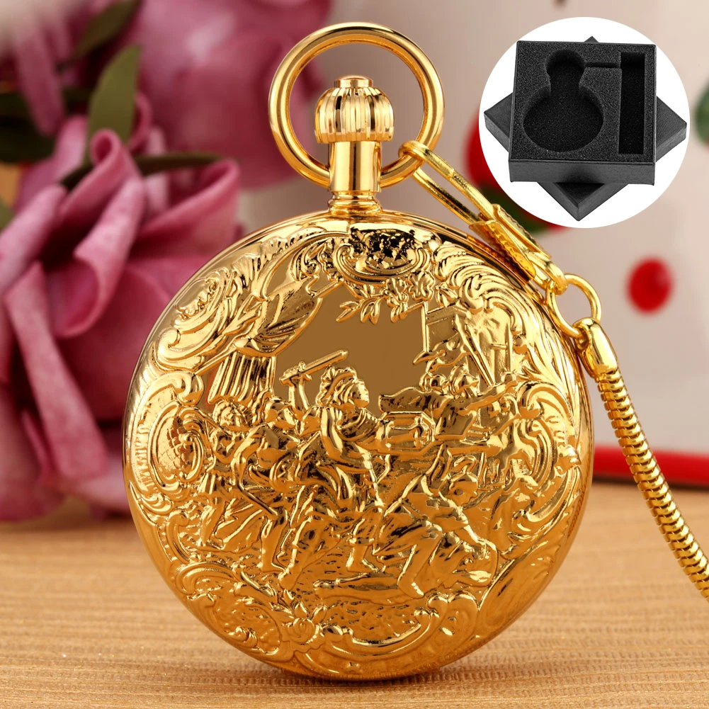 Sides Cover Double Open Gold Copper Automatic Mechanical Men's Pocket Watch Fighter Design Fob Chain Antique Clock Male Gift Box smile