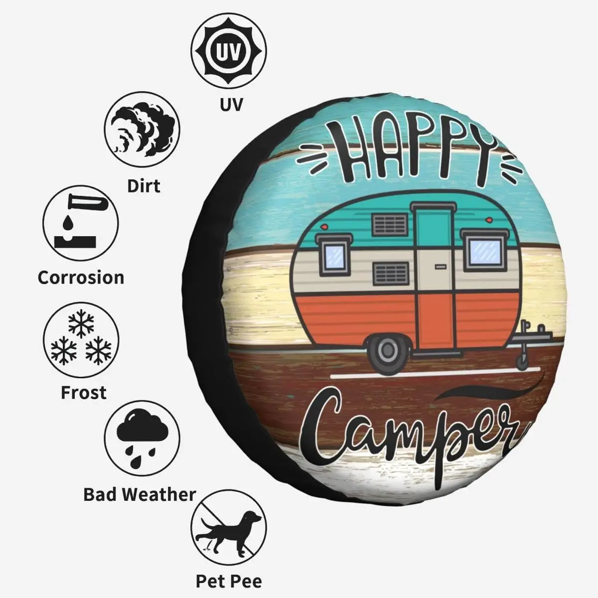 Happy Camper Tire Cover Waterproof Dust-Proof Universal Spare Wheel Tire Cover Fit for Trailer RV SUV Truck 14 15 16 17 Inch