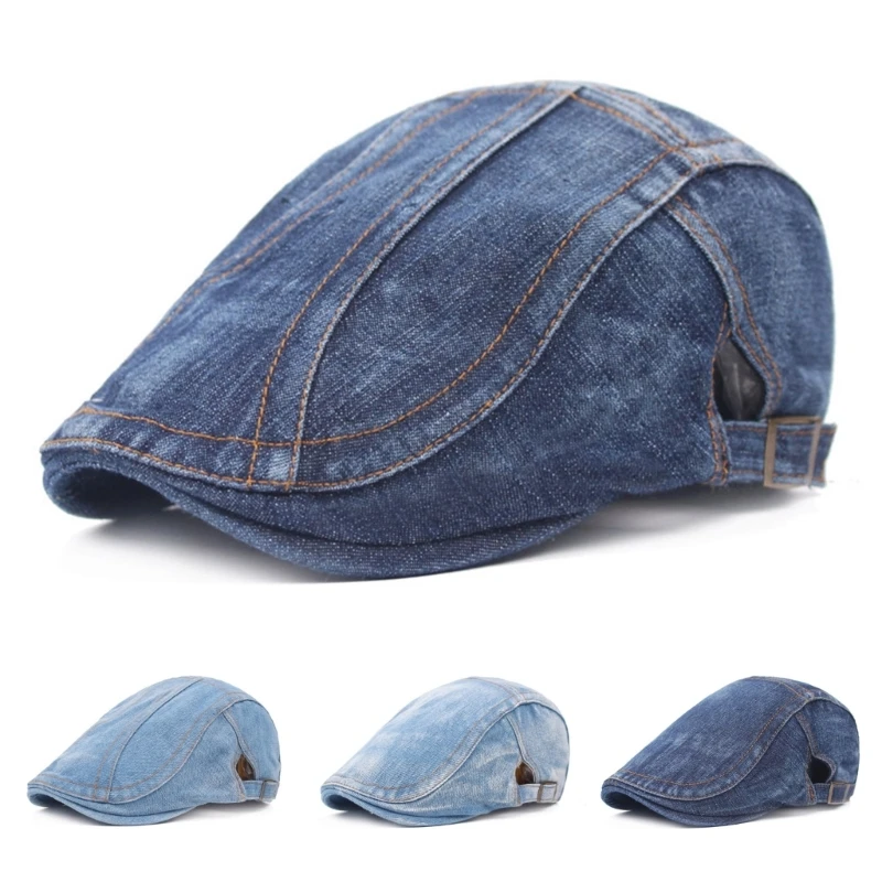 Color ddmysmile Spring Summer Solid Newsboy Cap Men Polyester Washed Denim Flat Peaked Cap Drop Shipping Smile