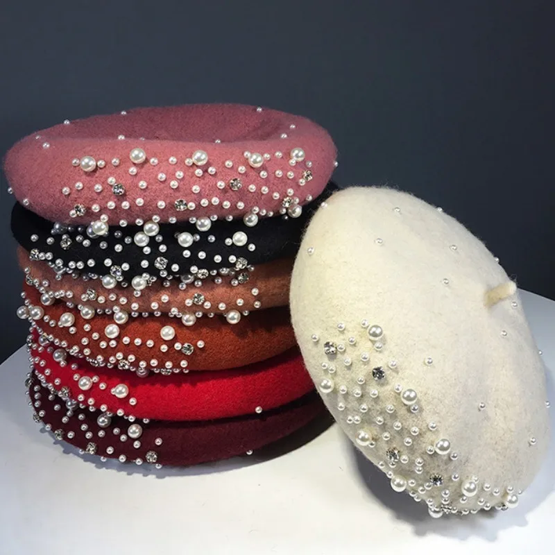 ddmysmile Pearl New Beret Women Hat Solid Color Vintage Cashmere Female Flat Hats Retro French Artist Berets Caps Autumn Winter Wool Cap Smile